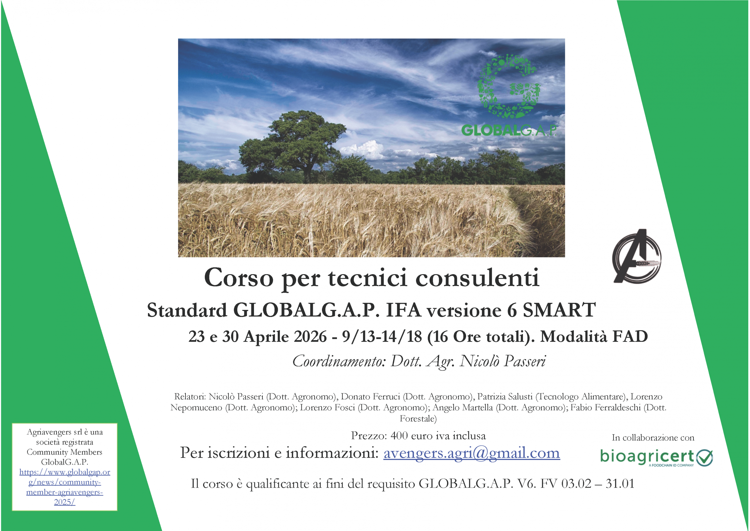 Locandina corso GLOBALG.A.P. IFA V6 SMART: 23 e 30 aprile 2026, online, 16 ore, massimo 25 partecipanti