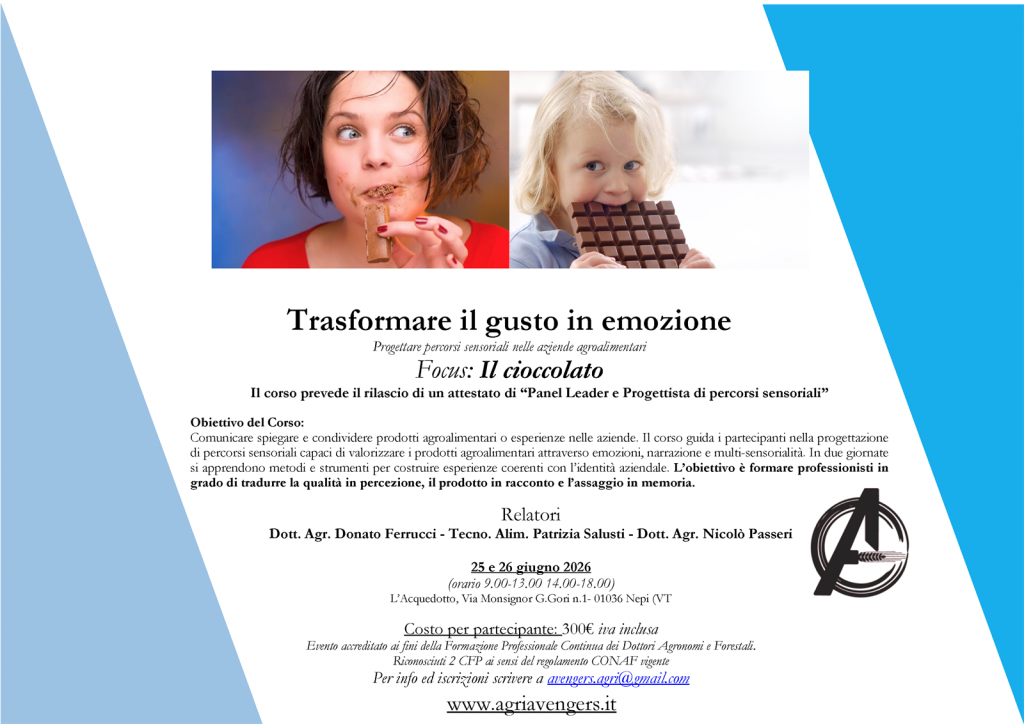 Locandina del corso Trasformare il gusto in emozione, percorsi sensoriali con focus sul cioccolato, 25-26 giugno 2026 a Nepi (VT)