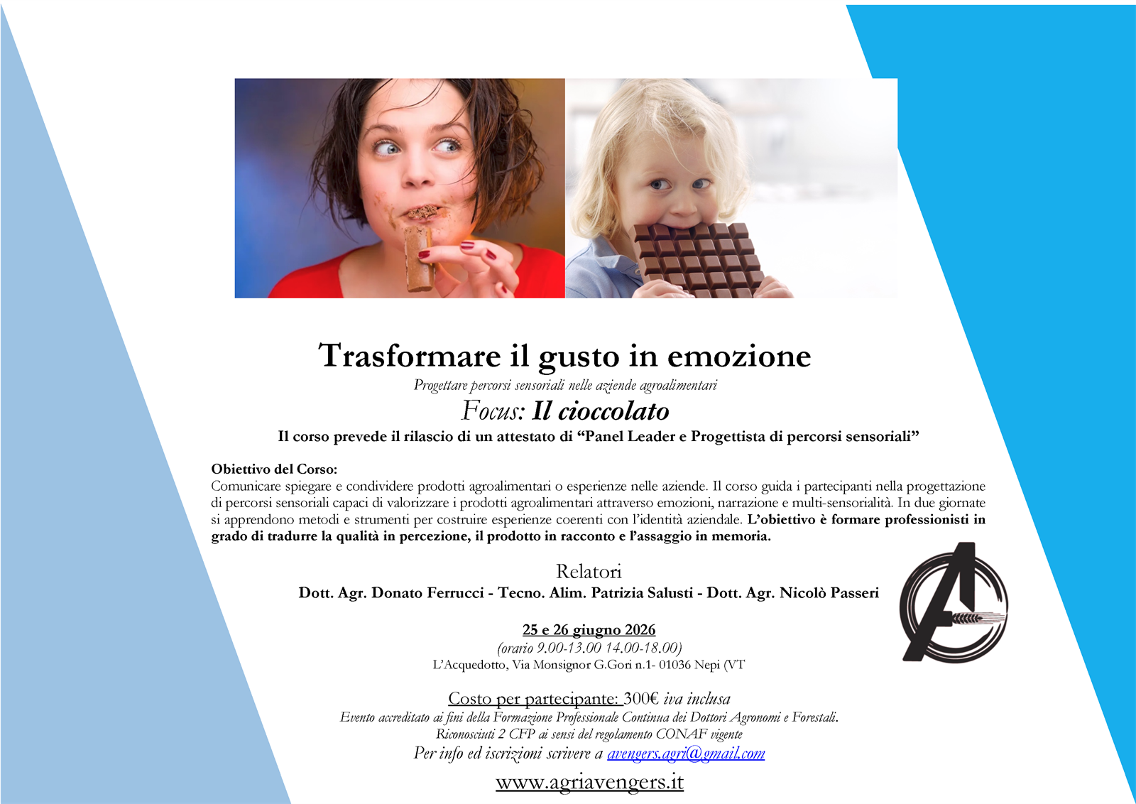 Locandina del corso Trasformare il gusto in emozione, percorsi sensoriali con focus sul cioccolato, 25-26 giugno 2026 a Nepi (VT)