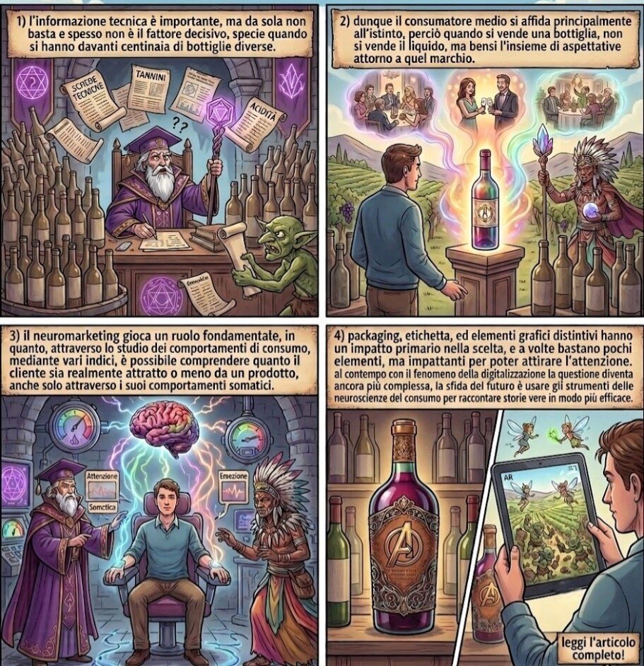 Quattro vignette a fumetti che riassumono l’articolo Comunicare il vino
