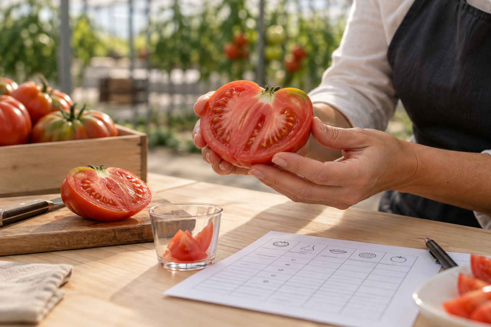 Analisi sensoriale di un pomodoro cuore di bue tagliato a metà, con scheda di valutazione su un piano di legno