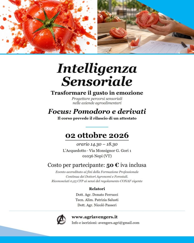 Locandina verticale del corso Intelligenza Sensoriale, focus pomodoro e derivati, Nepi 2 ottobre 2026