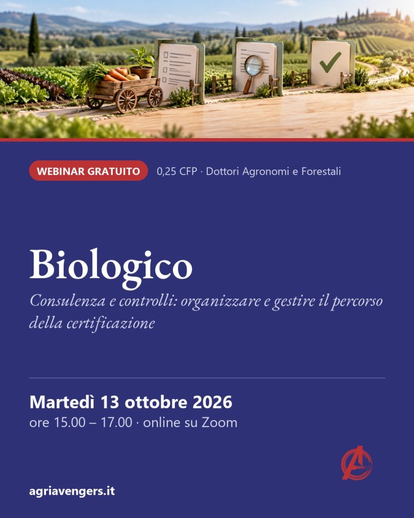 Webinar AgriAvengers Biologico, martedì 13 ottobre 2026, gratuito, 0,25 CFP